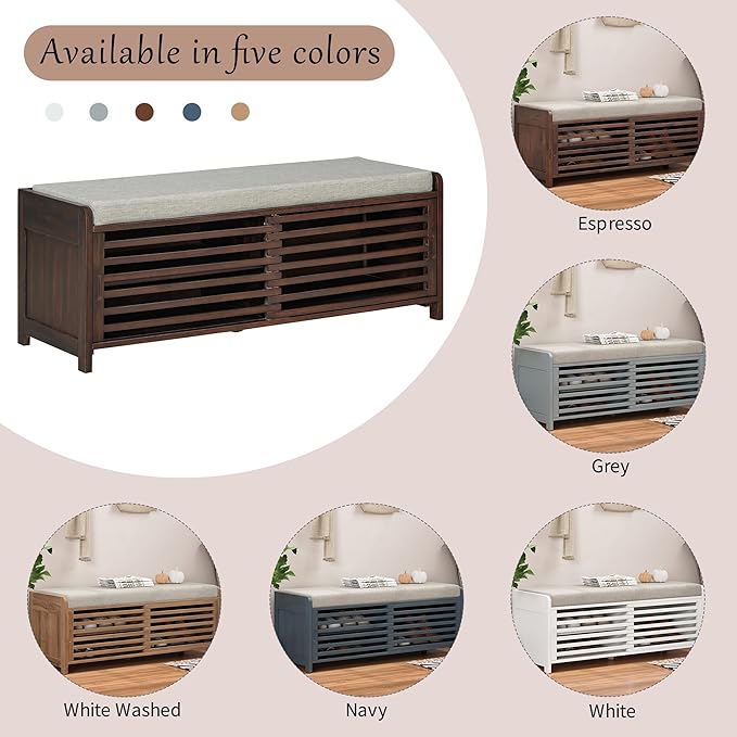 Amposei Modern Classic Storage Bench 43.3-Inch Wooden Entryway Shoe Storage Bench Cabinet with Removable Seat Cushion & Sliding Shutter-Style Doors for Living Room Entrance Hallway, Espresso