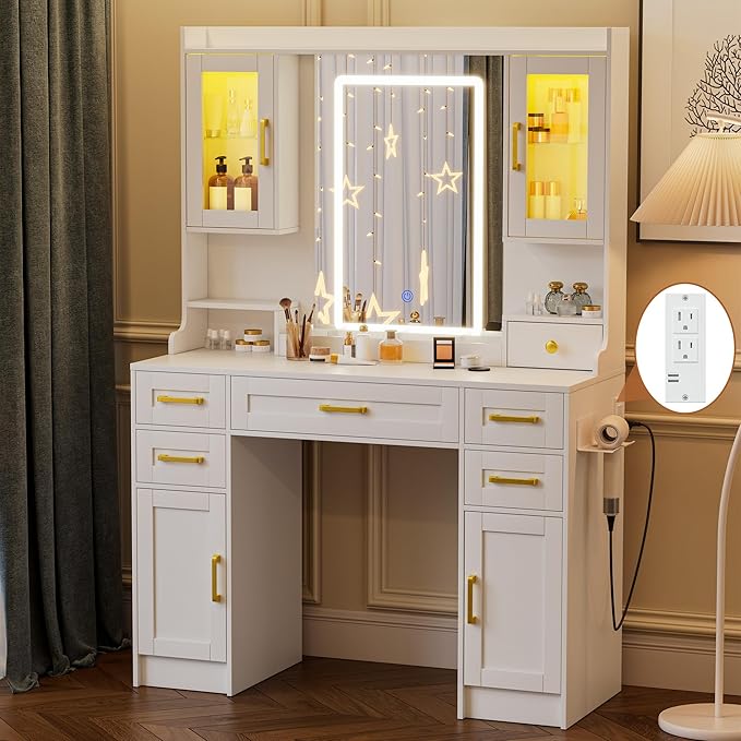 NUNU LAB Makeup Vanity Desk with Mirror and Lights, White Dressing Table with Charging Station, Makeup Vanity with RGB Cabinets and 7 Drawers RGB Cabinets, 3 LED Light Modes (043 White)