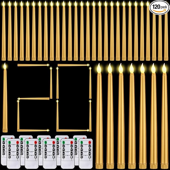 Baquler 120 Pcs Flameless Taper Candles with Remote and Timer 11" Battery Operated Candlesticks LED Flickering Faux Candles Warm Light for Wedding Holiday Party Home Decor (Gold)