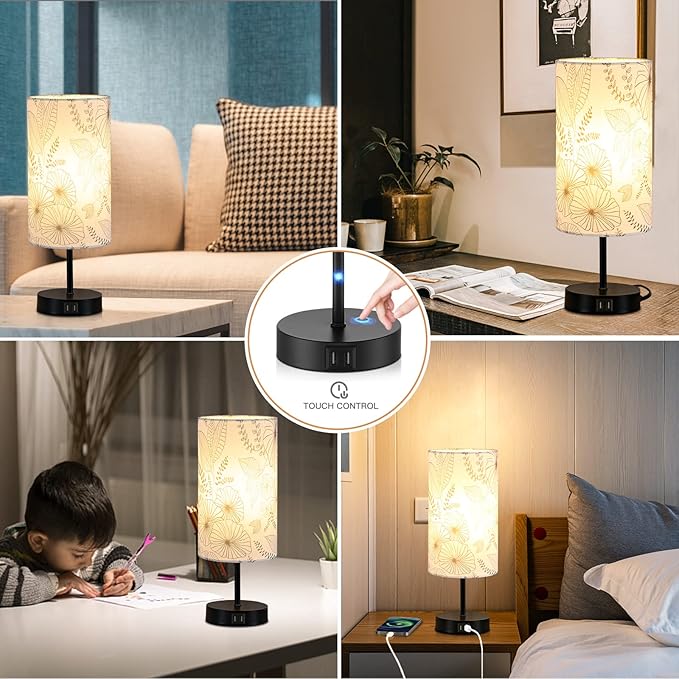 Touch Control Bedside Lamp with 2 USB Ports, 3-Way Dimmable Table lamp for Bedroom, Nightstand Lamp with Round Flower Fabric Shade for Living Room Home Office (E26 LED Bulb Included)