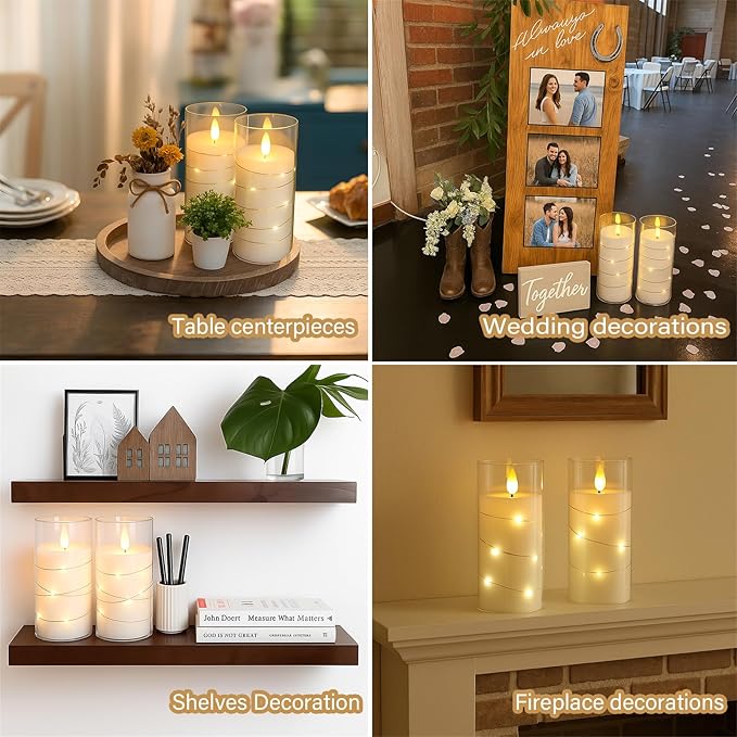 Flickering Flameless Candles with Remote Timer, 6pcs LED Battery Operated Candles with Embedded String Lights White, D3 H6