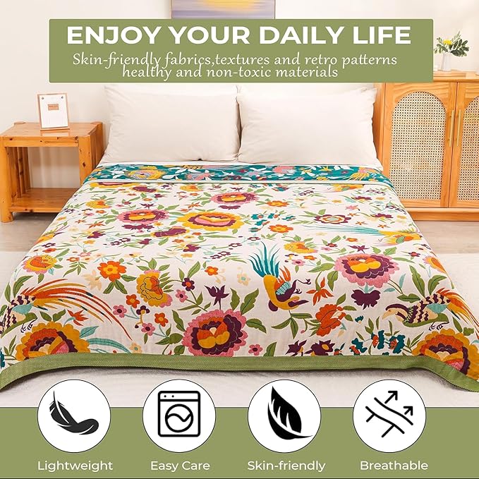 Boho Throw Blanket for Home Decor,Ultra Soft Throw Rustic Classic Quilt,100% Cotton Muslin Blankets for Adults, Reversible Woven Decorative Blanket for Bed Layering Use,Bid & Floral, 50"x60"