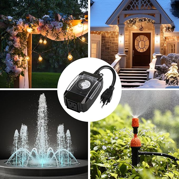 Outdoor Timer Outlet Waterproof, 24 Hour Mechanical Timer Outlet for Home and Garden, Single Grounded, 15A 3/4HP, Black, 1 Pack