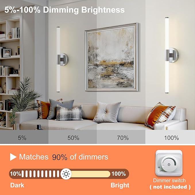 Bathroom Vanity Lights Chrome Dimmable LED 360° Full Lighting Bathroom Light Fixtures Over Mirror 24 inch Vanity Light Bar Hardwired Modern Wall Sconce 4000K Light for Bedroom Living Room