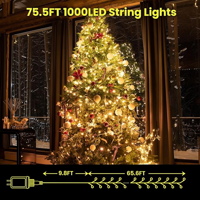 Dailyart Fairy Lights Plug in, 1000 Led Fairy Lights with Remote 75Ft Super Long Warm with Timer Small Twinkle Light Waterproof String Light for Bedroom Outdoor Indoor,Gold Wire