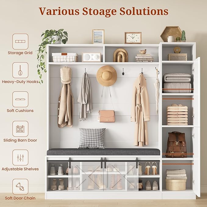 Hall Tree with Bench and Shoe Storage, Entryway Coat Rack with Tall Mirror, Farm House Barn Door 4-in-1 Hall Tree with Storage Cushioned Stool and Hooks for Hallway, Living Room, (60IN,With Mirror)
