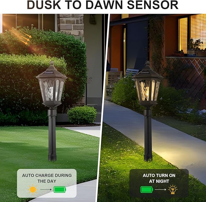LED Solar Post Lights, Outdoor Waterproof Solar Pathway Lights Exterior Auto On/Off Garden Pole Stake Lighting Outside Dusk to Dawn Lamp for Lawn Path Walkway, Ground Plug, Remote Control