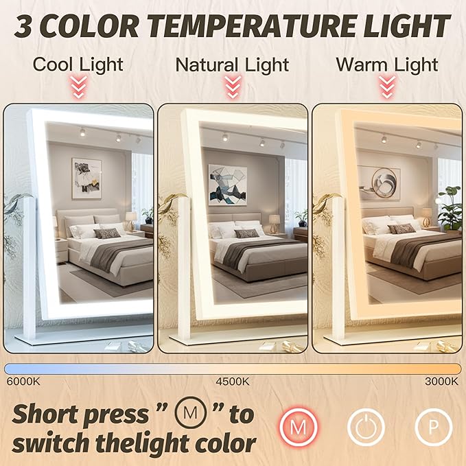 HNV 16.3" Lighted Makeup Mirror with Sleek LED Strip, 360° Rotation Vanity Mirror with Lights, 3 Color Dimmable, 10X Magnification, Smart Touch Control (White)