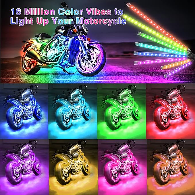 8Pcs Motorcycle RGB LED Strip Lights Kit for Harley Davidson Kawasaki Suzuki Yamaha Golf Cart, 12V Waterproof Multicolor Motorcycle Underglow Neon Light Strip with APP/Remote Control & Brake Signal