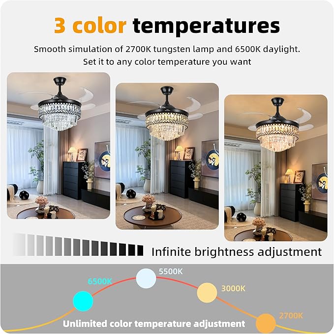 BAYSQUIRREL Retractable Crystal Ceiling Fan with Lights, Bluetooth Ceiling Fan with Speaker, 6-Speed Reversible Blades, RGB-LED Light, Low Profile Modern Fandelier Fan for Bedroom Living Room 42"