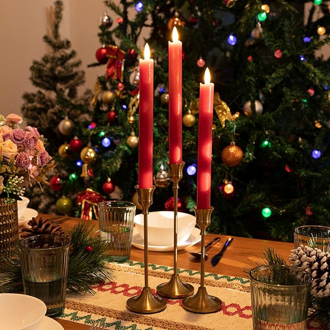 Flameless Taper Candles with Remote Timer, 9.6" Red Real Wax Flickering Battery Operated Warm Light Electric LED Candle, Perfect for Christmas Party Wedding Decoration (6 Pack)