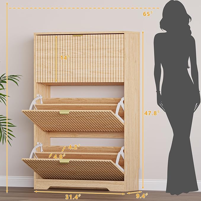Entryway Shoe Cabinet with 3 Flip Drawers, Narrow Shoe Organizer Cabinet with Fluted Panel and Adjustable Shelves for Foyer, Hallway