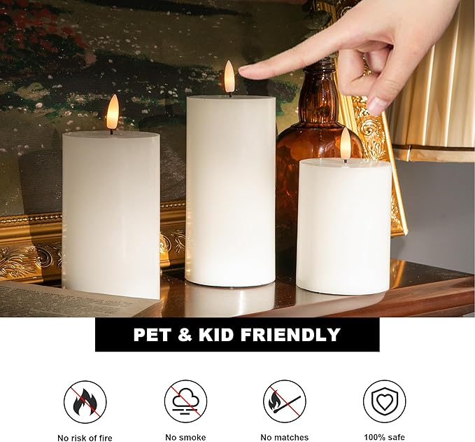 White Flameless Pillar Candles, Battery Operated Wax Candles with Remote, Flat Top Flickering Flameless Candles, LED Candle for Home, Wedding, Party Decor, Set of 3, Φ 3" H 4" 5" 6"