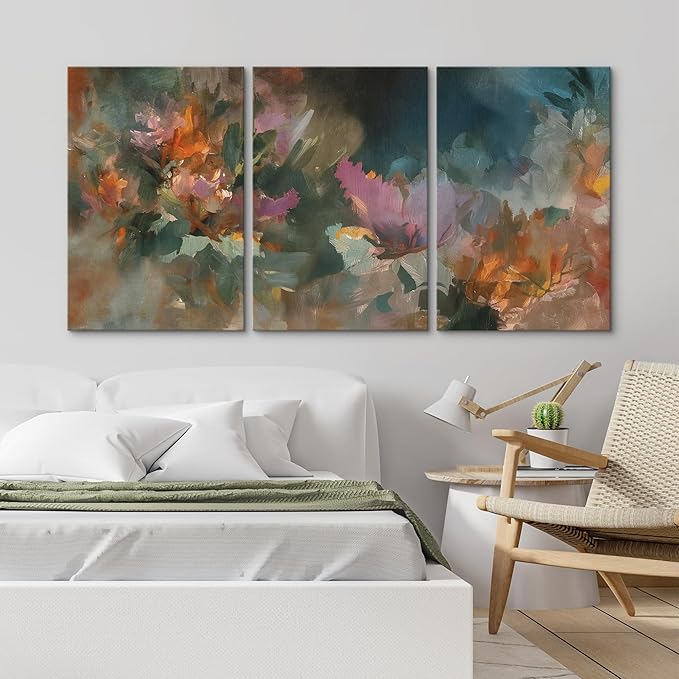 wall26 Canvas Print Wall Art Set Expressive Abstract Florals in Deep Greens and Warm Accents Illustrations Modern Art Decorative Multicolor for Living Room, Bedroom, Office - 24"x36" x 3