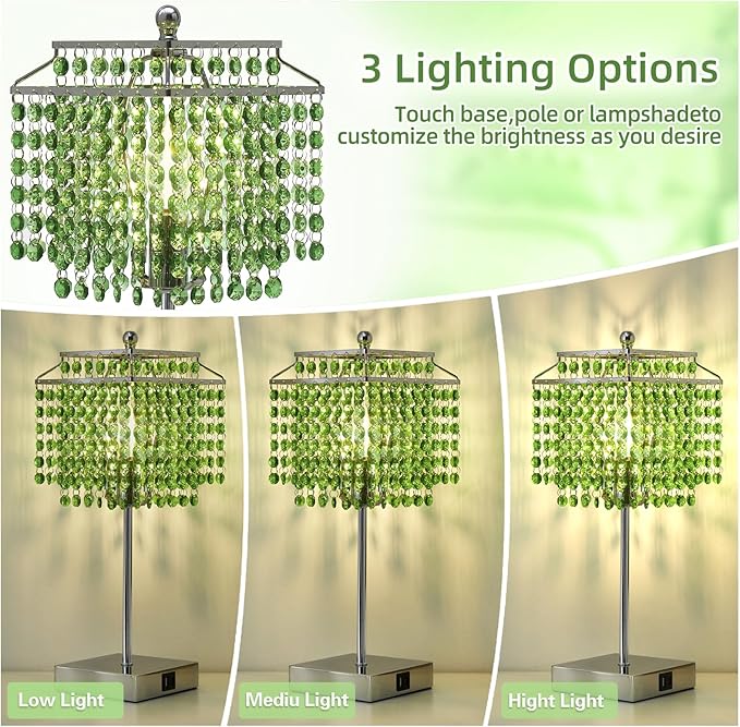 Luvkczc Crystal Table Lamp with Touch Control, Bedside Crystal Table Lamp with USB C+A Ports,Dimmable Lamp for Girls Bedroom, Living Room, Green & B11 LED Bulb Included