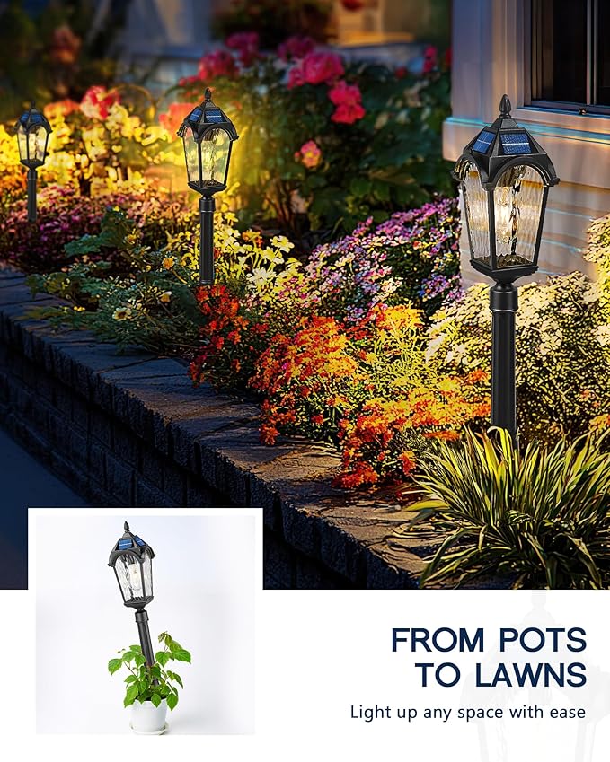 FEMILA Solar Post Lights Outdoor, 35.8" Aluminum Glass Outdoor Pathway Lights, Dusk to Dawn Solar Landscape Light with Remote Control for Yard Garden Driveway, 4FYX92GL-SL BK