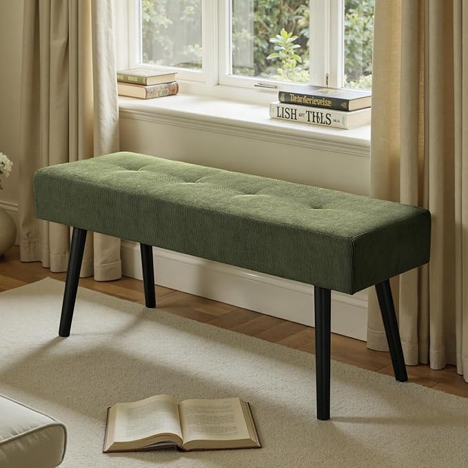 Entryway Bench - Green Bench for Bedroom, Modern Ottoman End of Bed, Corduroy Padded Benches for Living Room, Foyer, Mudroom, Hallway - 39" L x 14" W x 17" H