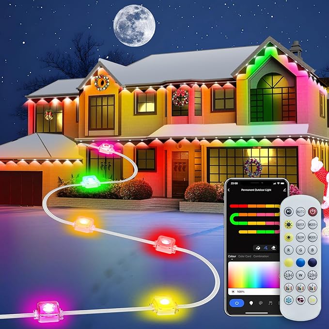 Smart Permanent Outdoor Lights for House, IP67 Waterproof with 54 Scene, 50ft RGB+IC LED House Lights Outdoor All Year, for Halloween Christmas Work All Holiday Decor, Work with Google Assistant,Alexa