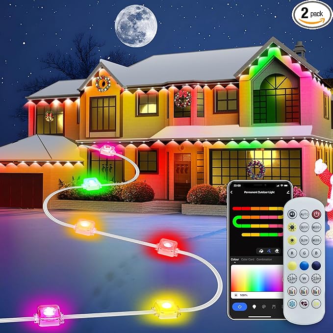 Smart Permanent Outdoor Lights for House, IP67 Waterproof, 54 Scene, 100ft with 60 RGB+IC Permanent Christmas Lights, for Halloween Christmas Work All Holiday Decor, Work with Google Assistant, Alexa