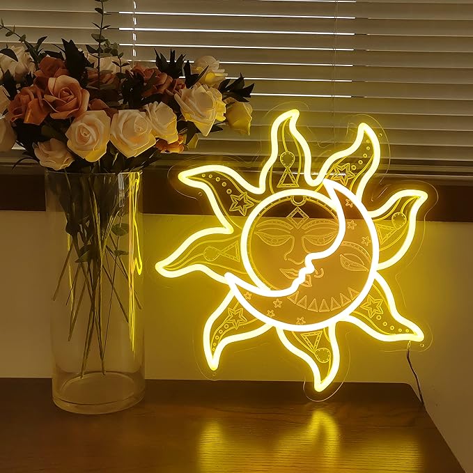 Sun Moon Neon Sign - Retro Vintage Funny Psychedelic Mystic Burning Led Neon Light, Handmade Aesthetic 3D Engraving Night Lamp for Wall Decor Bedroom Birthday Gift Home Party - 15''