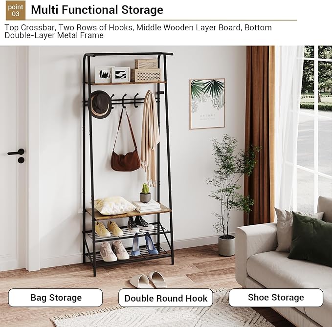 Coat Rack Hall Tree with Shoe Storage Bench, 4-in-1 Entryway Bench with 6 Hooks & 3-Tier Shoe Rack, Metal Frame for Entryways, Freestanding Coat Racks Storage for Entryway, Hallway, Front Door