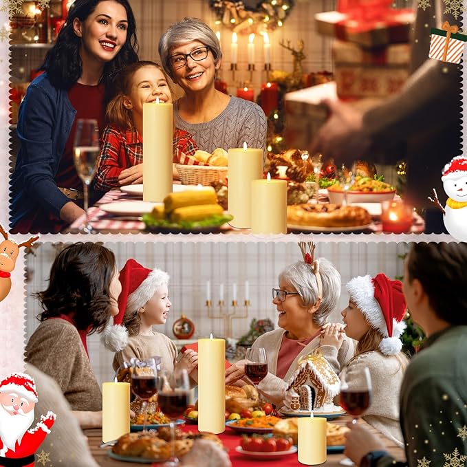 Retisee 3 Pcs Ivory Large Flameless LED Electric Candles with Remote Battery Operated 3D Pillar Flickering Candles for Home Table Porch Outside Indoor Party Wedding Light Decor(4''/6''/10'' x 3'')