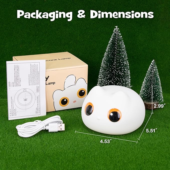 Squishy Cat Night Light 2 Brightness Adjustable Cute Big Eyes Kitty Light with 20mins Timer Nursery Breastfeeding Nightlight Rechargeable Silicone Touch Bedside Animal Lamp for Home Bedroom Dorm Decor