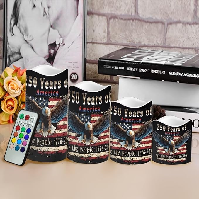 We the People Flameless LED Candles American Flag Bald Eagle Lamp Battery Operated Flickering Timer 250th Anniversary Candle Aesthetic Cozy Minimalist Home Decors Set of 4