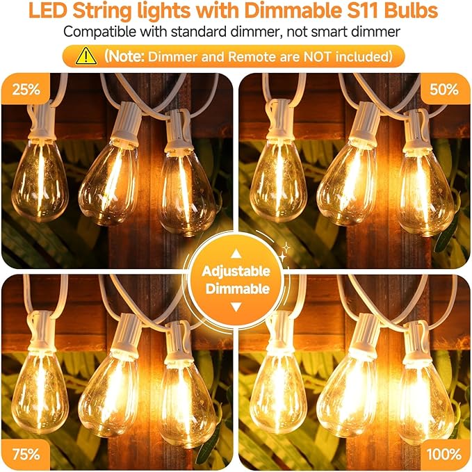 25FT LED Outdoor String Lights, 10+1 Edison S11 Dimmable Bulb Waterproof Shatterproof Patio Lights, Linkable Hanging Strand for Yard, White