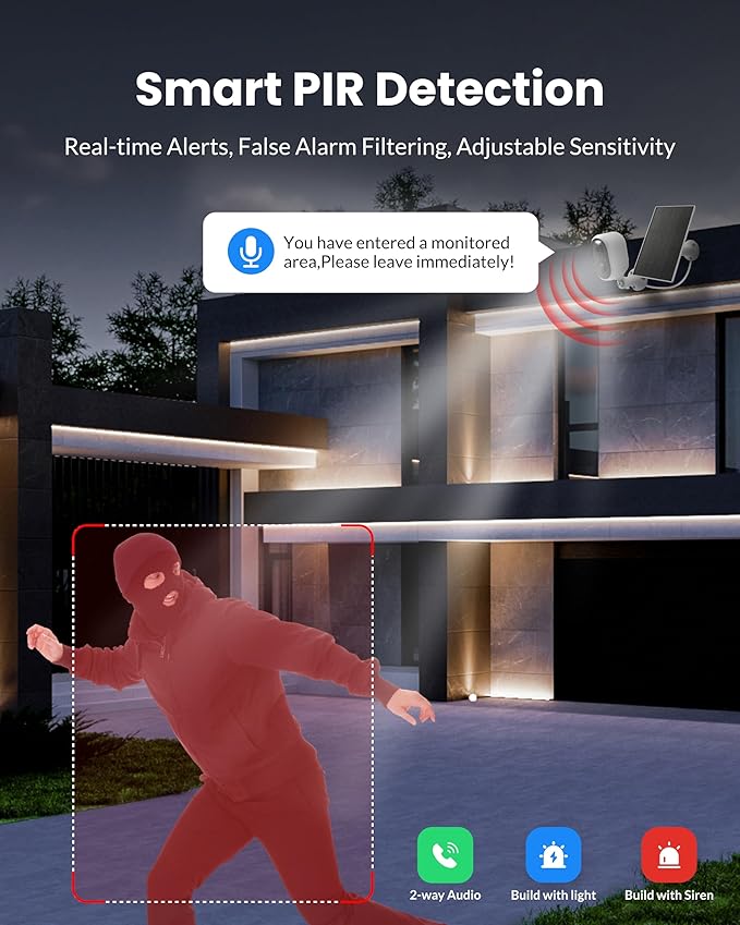 Solar Security Camera Outdoor Wireless 2 Pack, 2K Color Night Vision, Battery Powered PIR Motion Detection,2.4GHz WiFi Cameras for Home Surveillance, Light and Sound Alarm, 2-Way Audio