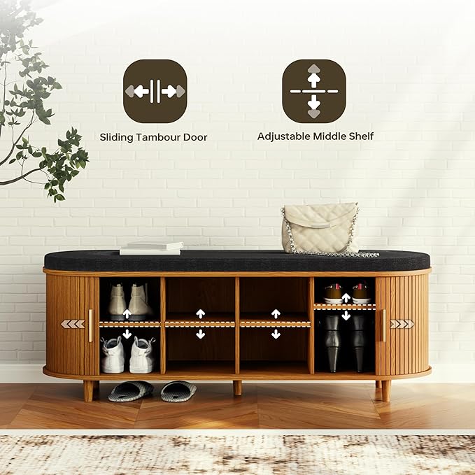 Entryway Bench with Storage: 51.2" Wooden Bedroom Shoe Bench with Thickened Padded Seat Cushion, Mid Century Modern Fluted Sliding Door and Adjustable Shelf, for Entryway, Living Room