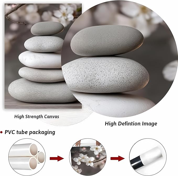 ZHJIOFXG 3 Piece Zen Canvas Wall Art Stacked Stones Cherry Blossom Candle Spa Wall Decor Calming Minimalist Neutral Poster Print Art for Bathroom Bedroom Yoga Room Office Living Room 16x24in Unframed