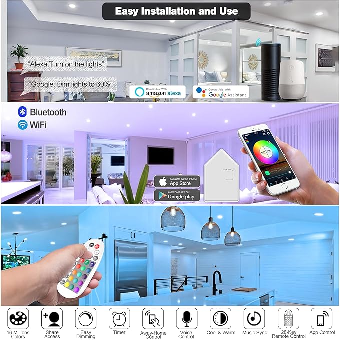Smart Can Light 6 Inch, WiFi & Bluetooth LED Downlight 6Pack, Multicolorred, Dimmeble, 2700K-6500K CCT Selectable, RGBCW Remote LED Recessed Lighting Compatible with Alexa Google Home