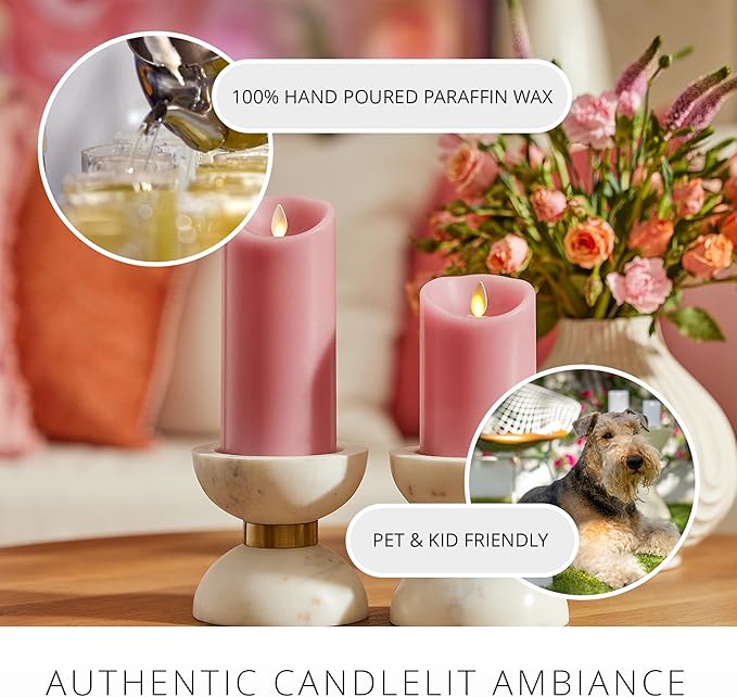Luminara Blooming Mauve Garden Pillar Candles - Flameless Real-Flame Nature-Inspired Battery Operated LED Decor - Spring Summer Collection - 3" x 4.5"