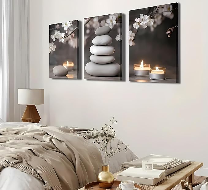 ZHJIOFXG 3 Piece Zen Canvas Wall Art Stacked Stones Cherry Blossom Candle Spa Wall Decor Minimalist Neutral Calming Art for Bathroom Bedroom Yoga Room Office Living Room 12x16in Wrapped Canvas