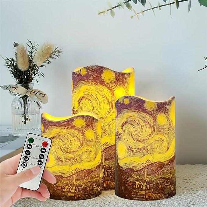 Remote Flameless Candles 4" 5" 6" - Set of 3 Van Gogh Starry Night Design LED Pillar Candles Battery Operated with Timer for Home Decor Indoor Outdoor,PLT3P-StaNit