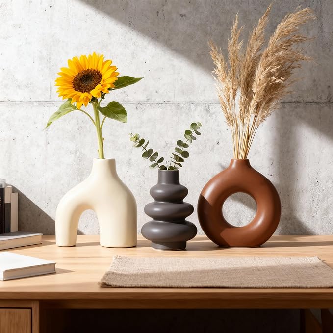 Ceramic 3 Pcs Vase Set,Modern Home Decor Table Centerpiece,Minimalist Nordic Vases, Wedding, Living Room, Bookshelf, Office, Modern Home, Entryway Boho Decor (D)