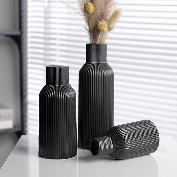 Glossy Black Ceramic Vases Set of 3 - Modern Ribbed Vases for Fresh Flowers & Pampas Grass - Minimalist Decorative Centerpieces for Coffee Table, Mantle, Entryway & Office