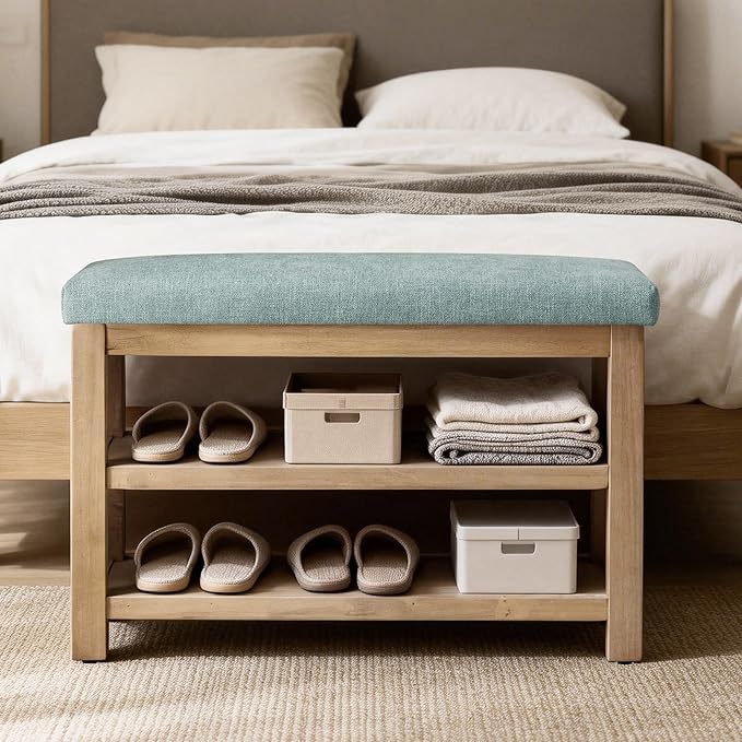 2 Tier Shoe Rack Bench with Cushion, Solid Wood Shoe Benches, Mid-Century Modern Shoe Storage Bench for Entryway, Hallway, Living Room, Closet, Front Door Entrance, (Teal, 31.5")