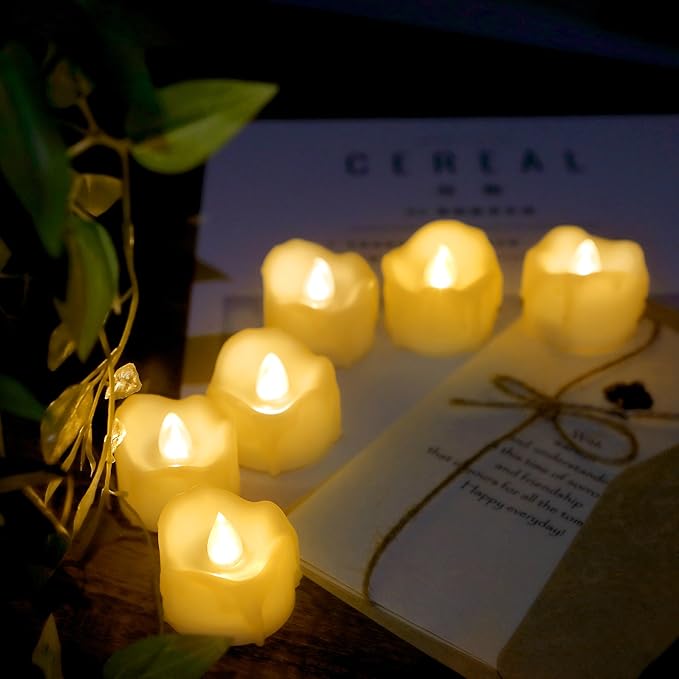 12 Battery Operated Flameless LED Votive Tealight Candles with Timer Realistic Flickering Electric Tea Lights Set Bulk Baptism Wedding Party Decoration Kitchen Home Decor Centerpieces Batteries Incl.
