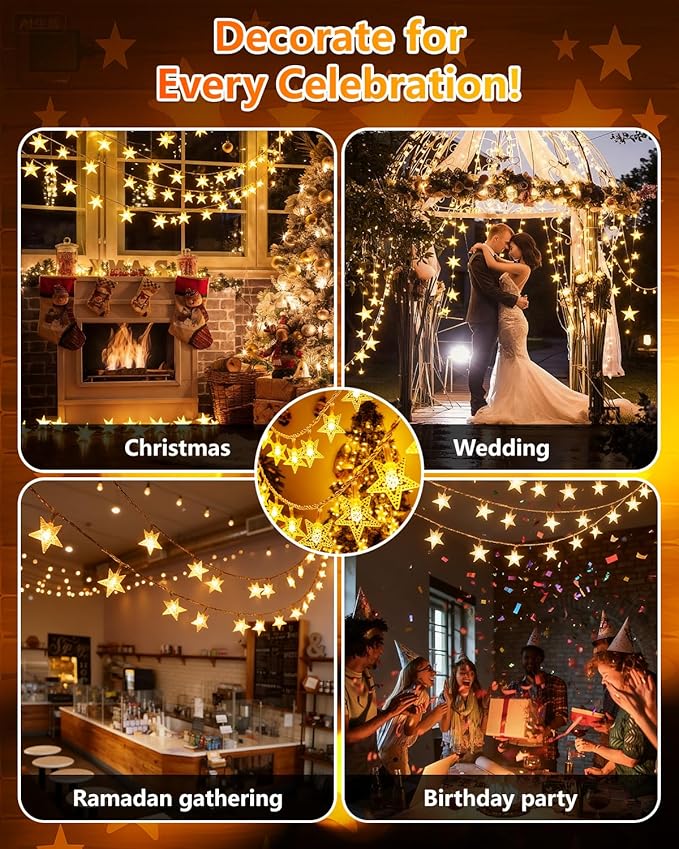 Twinkle Star 100 LED Star String Lights, 33FT Plug in Fairy String Lights Waterproof for Bedroom Decor, Indoor, Outdoor, Wedding Party, Christmas Tree, New Year, Ramadan, Warm White