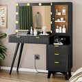 Fluted Vanity Desk with Mirror and Lights, 45" Glass Top Makeup Table Set with 5 Drawers, Power Outlet & Storage Cabinet, Large Dressing Table with RGB Ambient Light for Bedroom Women Girls, Black