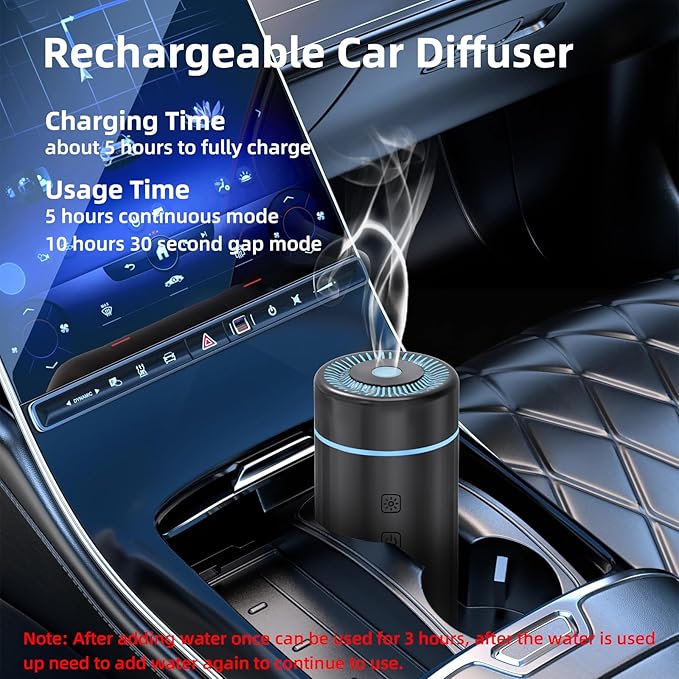 100ML Car Diffusers for Essential Oils, Rechargeable Battery Powered Cordless Portable Humidifier with 7 LED Color Changing Lights 2 Timer Modes for Car,Travel (Black)