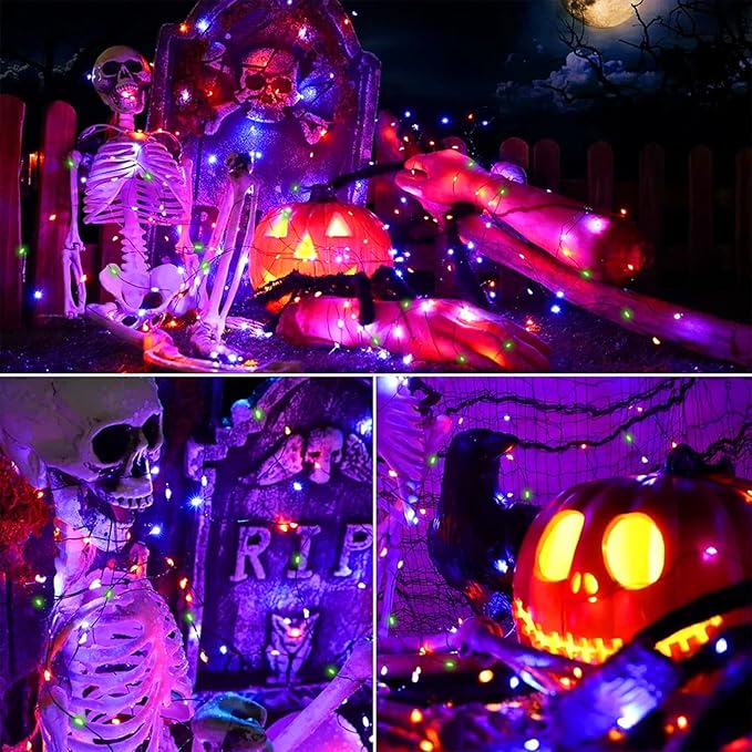 LAMPHOME 100 LED 33FT Halloween Fairy Lights Battery Operated with Remote, Mini Starry String Lights,Multi Functions & Timer, Twinkle Light for Home Bedroom DIY Centerpiece Decor,Orange Purple Green