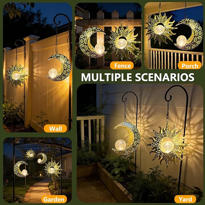Solar Hanging Lights for Outside Garden,Outdoor Metal Lanterns Sun Moon Lamp, Large Decorations for Yard Garden Patio Proch Tree Wall, Christmas Gifts for Women Mom