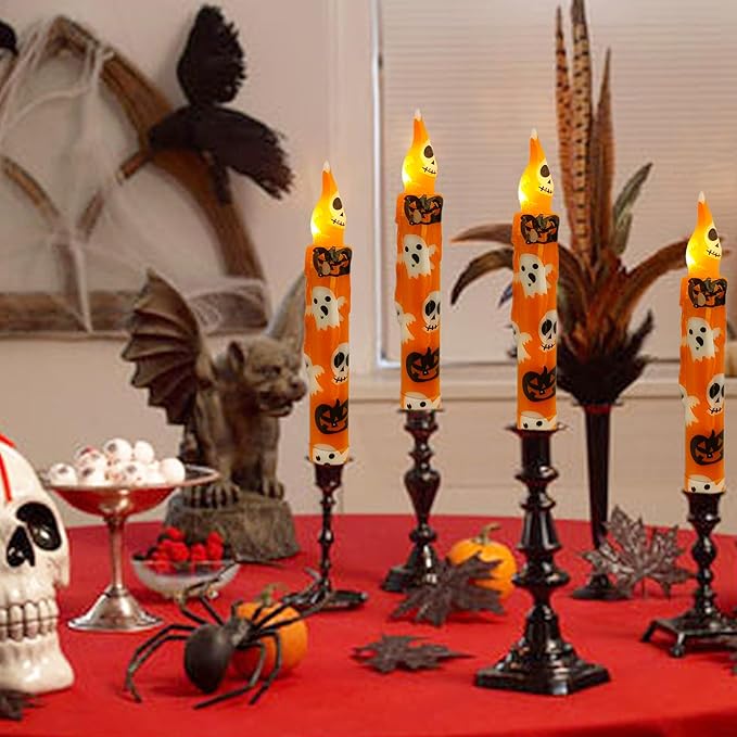 Halloween Candlesticks Flameless Taper Candle, 4pcs Printed LED Tapered Candles Remote Dipped Candle 6inch Battery Chandelier for Enchanting Weddings and Harry Potter Inspired Vigils(Hall)