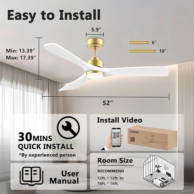 52 Inch Wood Smart Ceiling Fans with Lights Remote,Voice Control via WIFI Alexa App,Quiet DC Motor,Outdoor Indoor Ceiling Fan,Dimmable,Modern Gold White Lighting & Ceiling Fan for Bedroom Patio Porch