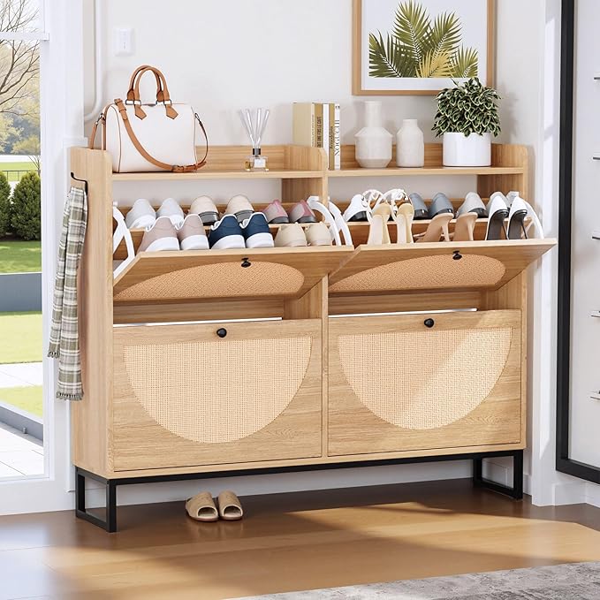 COMHOMA Shoe Storage Cabinet, Slim Rattan Shoe Cabinet Storage with Flip Drawers, Hidden Narrow Shoe Cabinet for Entryway Hallway（Natural Rattan Wood）