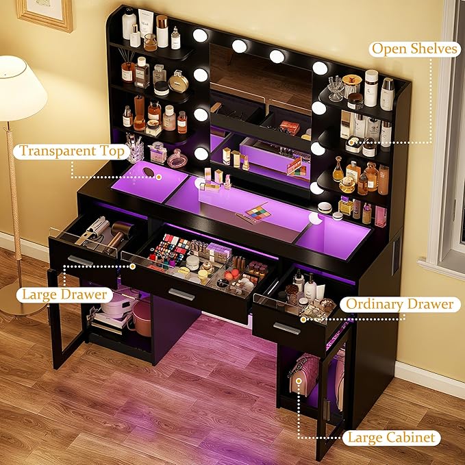 Vanity Desk, Makeup Vanity Desk with Mirror and Lights 3 Colors, Transparent Top with 3 RGB Drawers, 6 Shelves, 2 Large Tempered Cabinets, Power Outlet, for Bedroom, Black