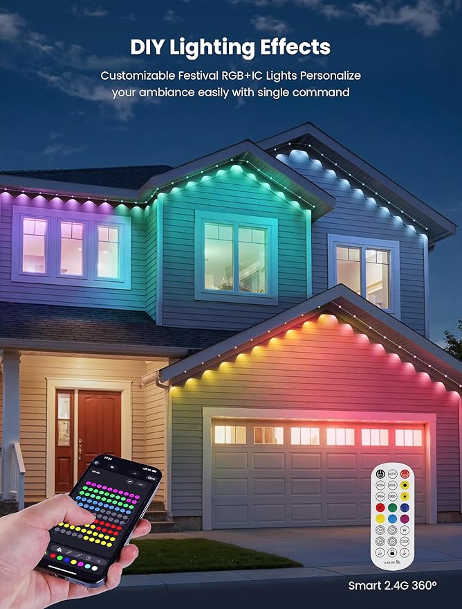 Permanent Lights Outdoor,Smart RGB LED Lights with 66 Scene Modes,50FT LED Eaves Lights IP67 Waterproof,Color Changing String LED Lights for House,Party,Holiday,Christmas,All year-round Decor